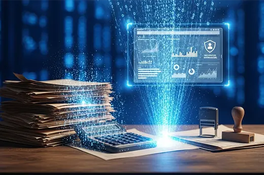 تصویرسازی مفهومی از تحول دیجیتال اظهارنامه مالیاتی؛ دفاتر حسابداری کاغذی و ابزارهای سنتی در حال تبدیل شدن به جریان‌های داده‌ای درخشان و یک داشبورد مدیریتی هوشمند روی تبلت، که نماد جایگزینی سیستم داده‌محور (سامانه مودیان) با روش‌های سنتی است.