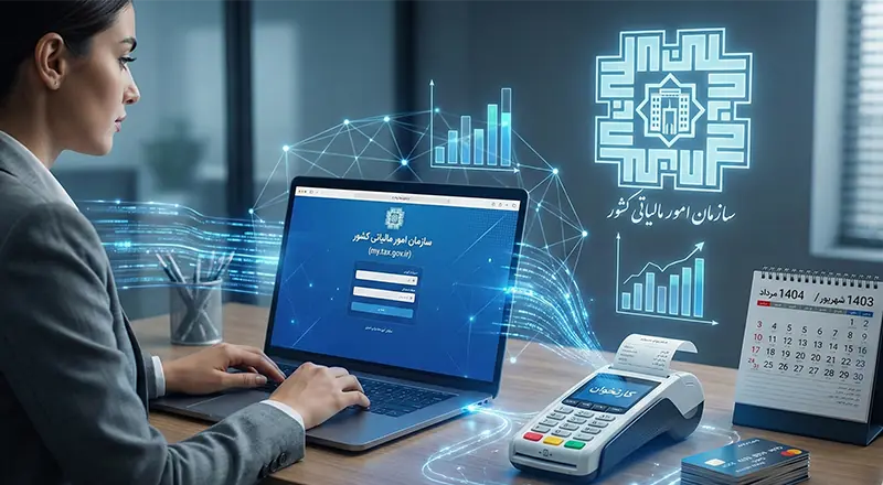 تصویر مفهومی از فرآیند ارسال الکترونیکی اظهارنامه مالیاتی ۱۴۰۴؛ نمایش اتصال هوشمند دستگاه کارتخوان (POS) و داده‌های بانکی مودیان به سامانه یکپارچه سازمان امور مالیاتی کشور.